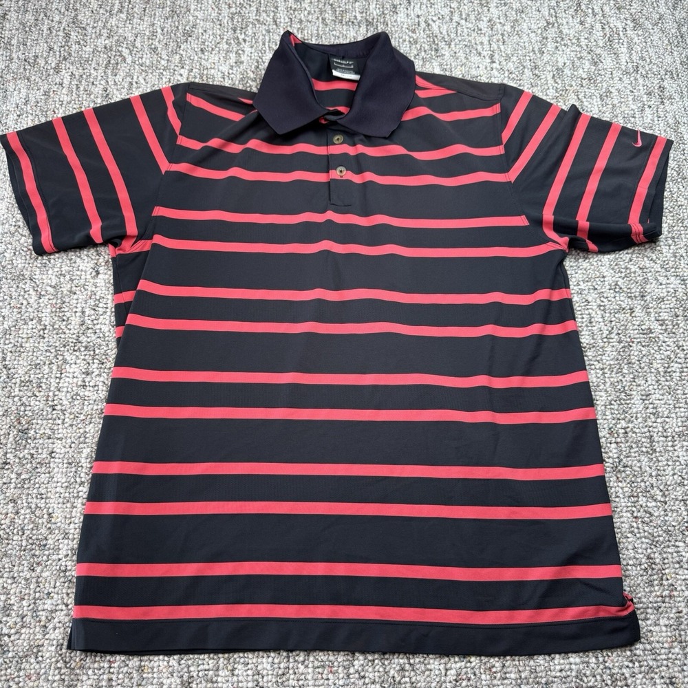 Nike Golf Polo Shirt Mens Large Short Sleeve Striped Black Pink Dri Fit